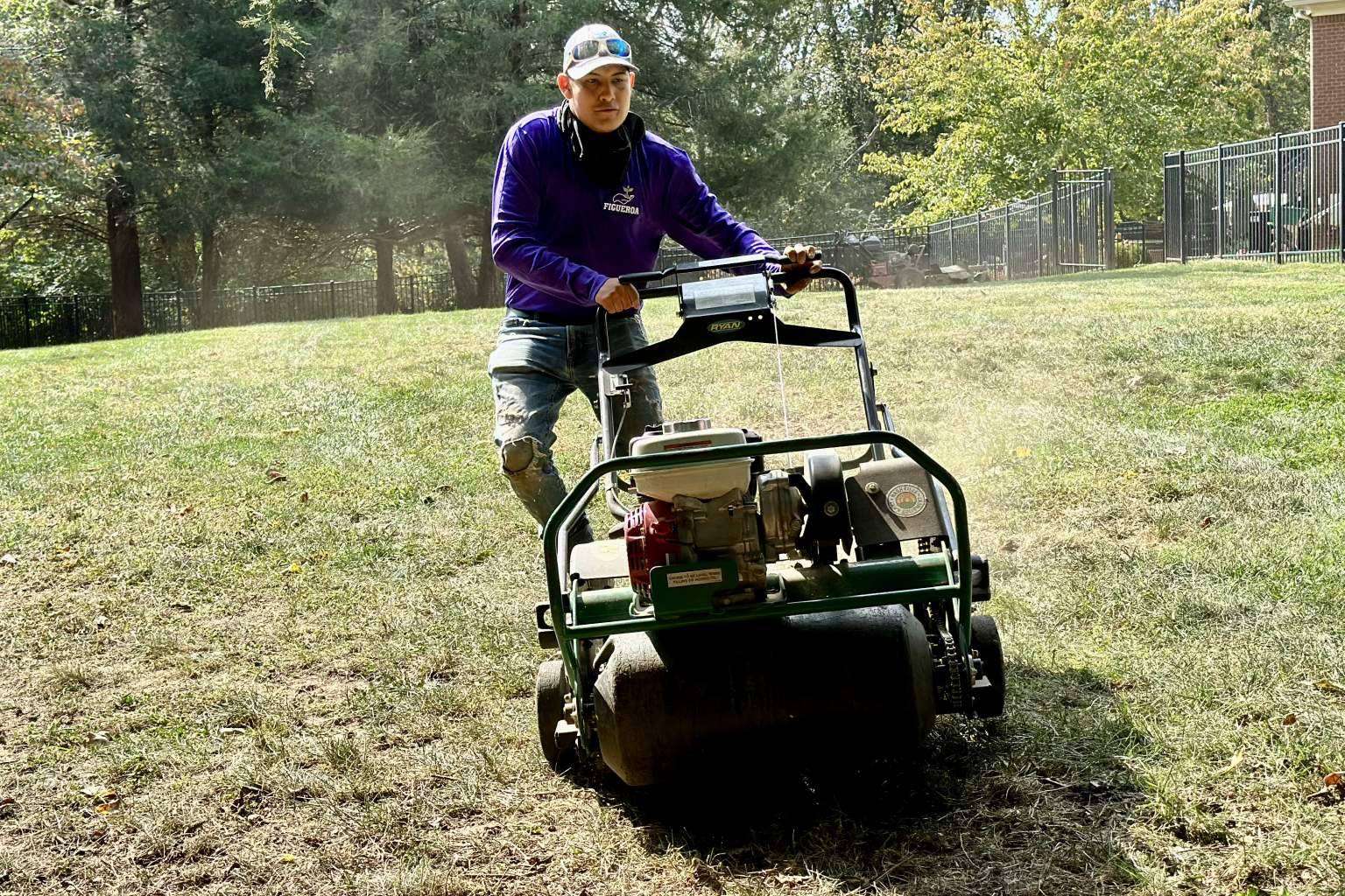 Aeration and overseeding are two key methods used by Figueroa Landscape to achieve a healthy lawn